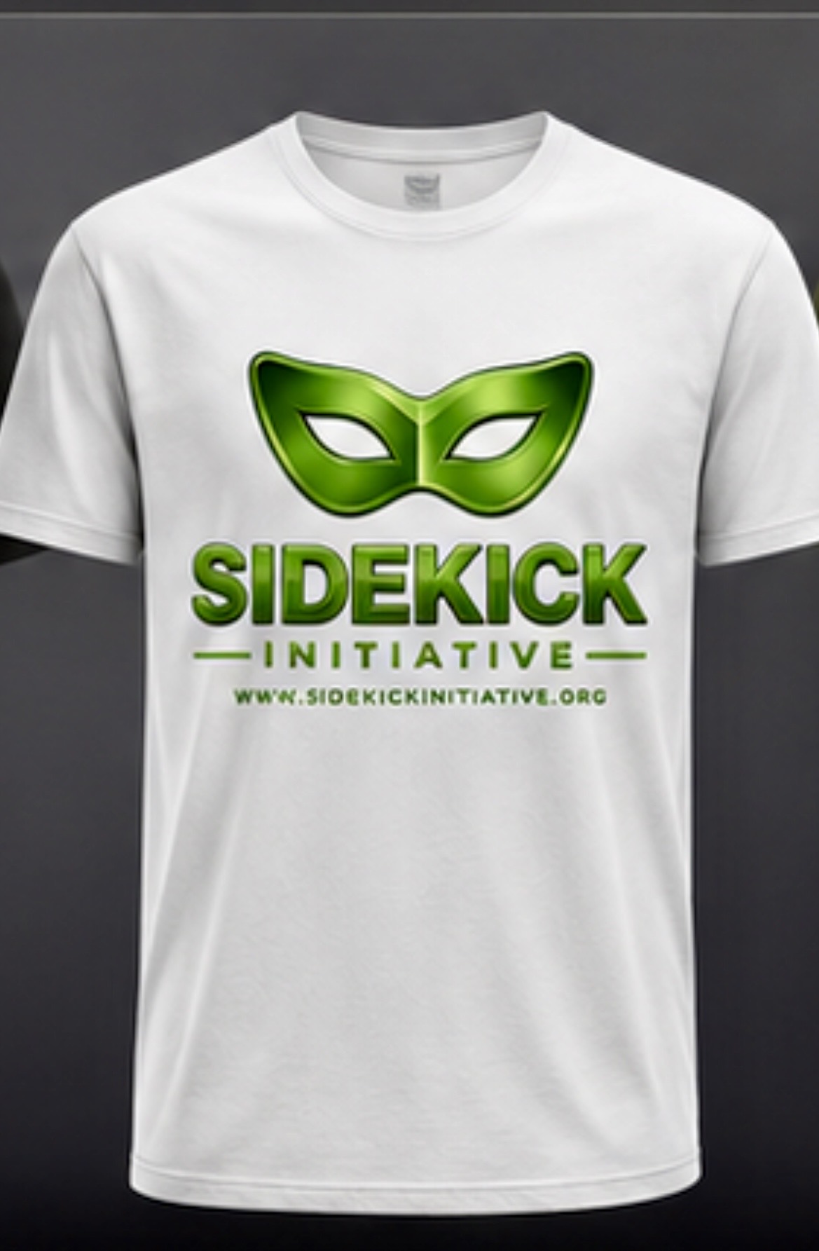 White Sidekick Initiative T-shirt with the green mask logo